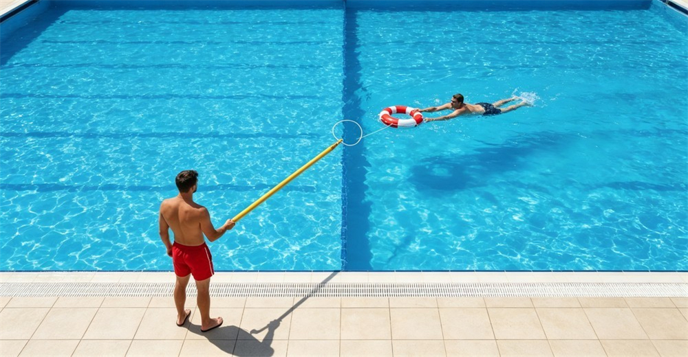 Wide pool shot, lifeguard standing on the dry deck extending a yellow rescue pole to pass a red-and-white life ring out to a swimmer 6+ meters across the pool, large gap of empty water between them