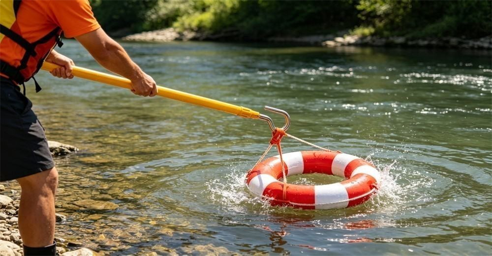 Daylight river shot of a yellow rescue pole top with a polished chrome J-hook hooked onto the strap of a red-and-white life ring in the water, ready to pull it in