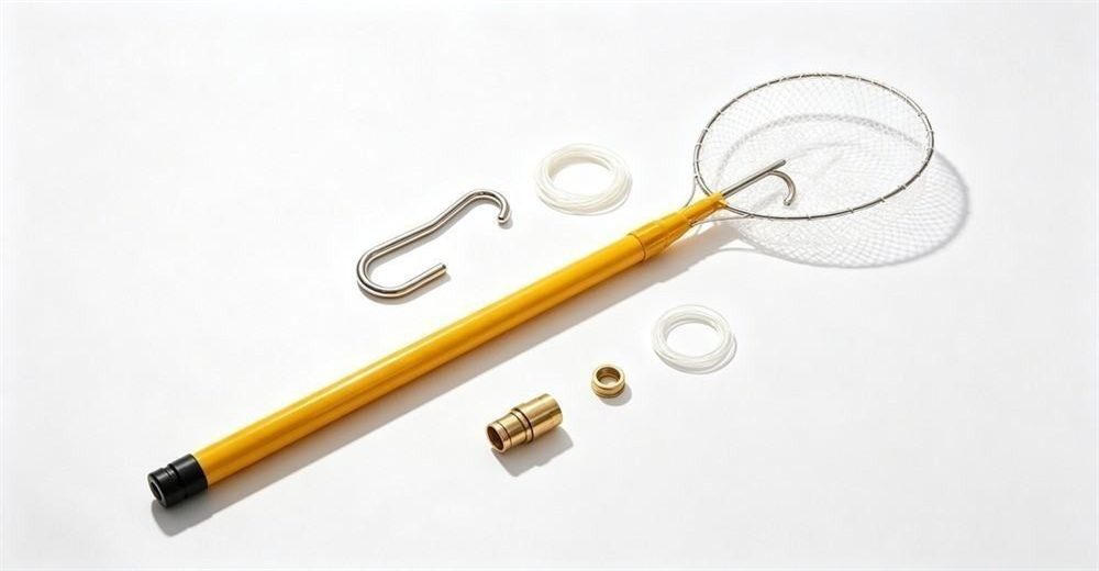 Top-down studio flat lay of swappable rescue pole head accessories on white: a chrome J-hook, a white wire loop, a small net scoop head, and gold brass adapters laid beside a yellow pole tip