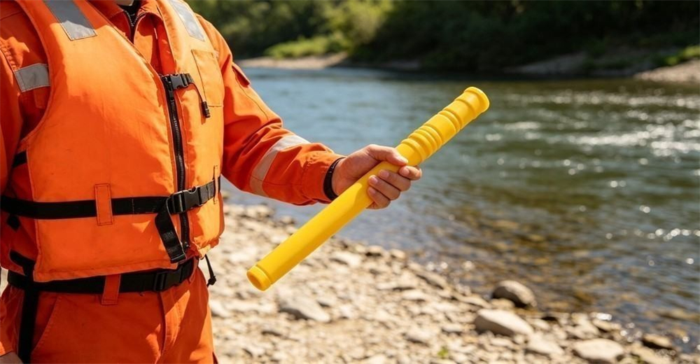 Daylight shot of a fully collapsed compact yellow FRP rescue pole held in one hand on a riverbank, short portable carry length, rescuer in orange PFD
