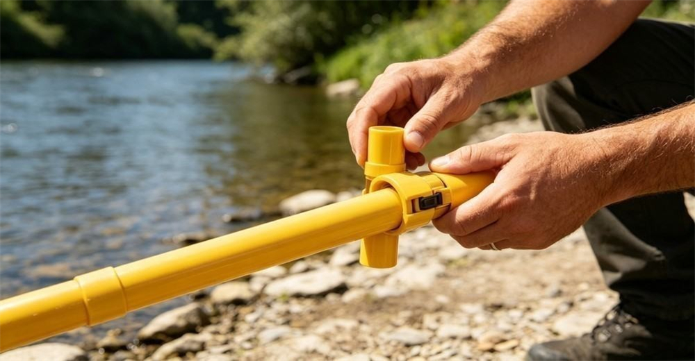 Daylight shot of both hands pulling nested telescopic sections of a yellow FRP rescue pole outward to extend it, each section clicking into the locking collar