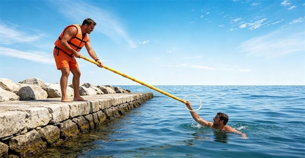 At a stone quay by the sea, a lifeguard keeps feet on dry slabs while a single extended yellow rescue pole carries the wire loop out to a swimmer six meters off the wall