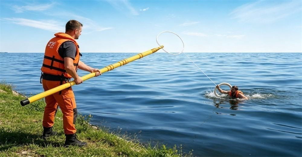 Grass bank, fast river: one extended yellow rescue pole bridges the six-meter gap to a person in the current, the rescuer pulling back without stepping off the shore Grass bank, fast river: one extended yellow rescue pole bridges the six-meter gap to a person in the current, the rescuer pulling back without stepping off the shore