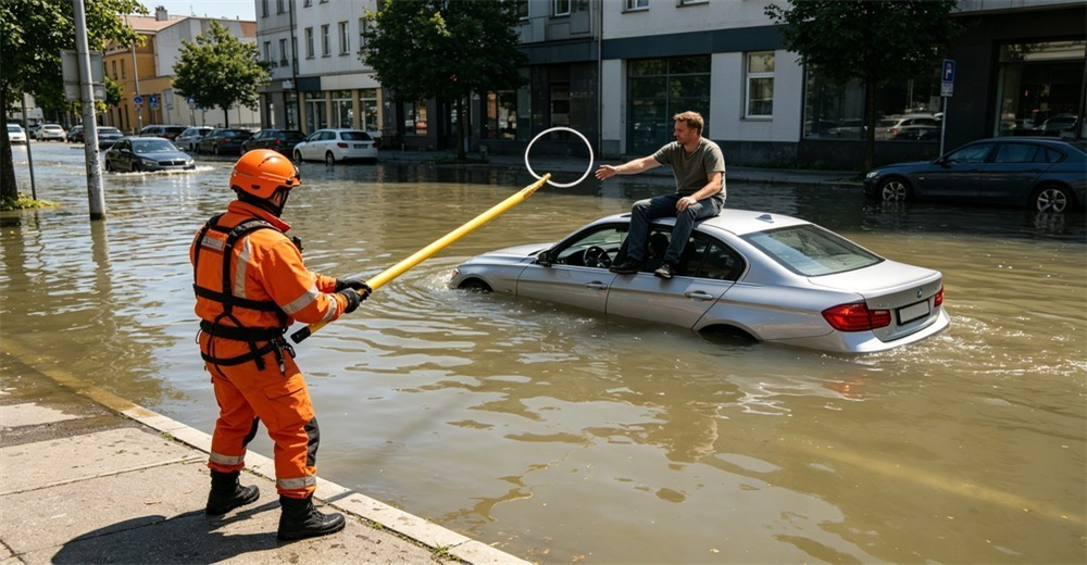 Daytime urban flood scene from a dry curb of a rescuer extending a yellow rescue pole across brown floodwater to reach a stranded person on a car roof