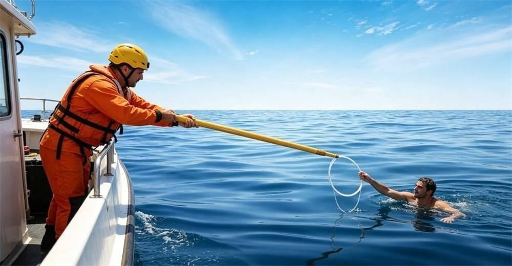 Marina and harbor work calls for this boat-side reach, a rescuer on deck sending a single yellow rescue pole out to a swimmer 6 to 8 meters off the hull