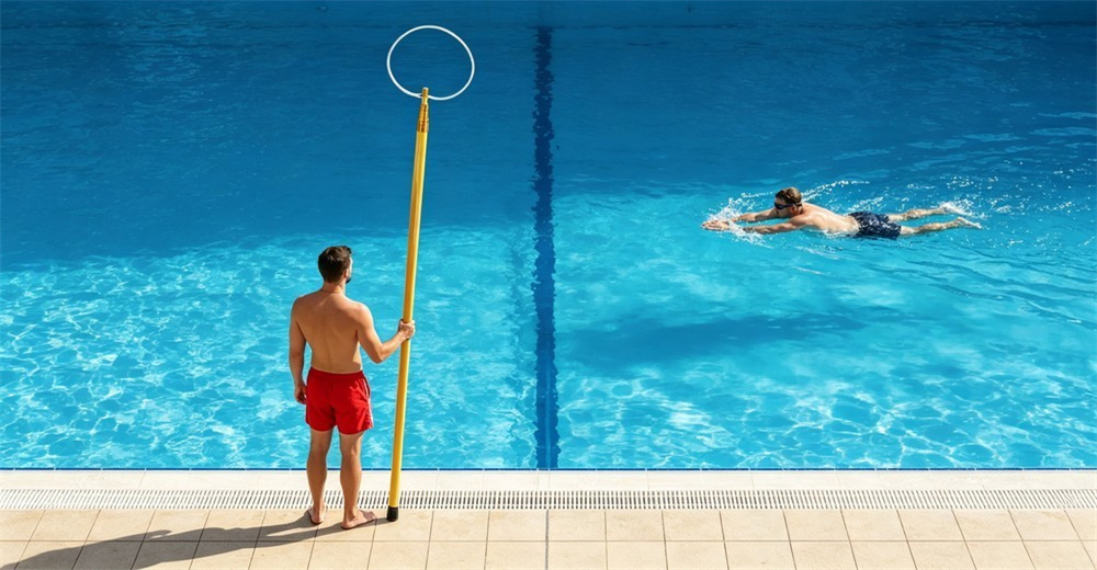 Wide pool shot, lifeguard standing upright on the deck with a fully extended yellow rescue pole, white wire loop reaching a swimmer treading water 6+ meters away, open water gap between them, classic pool rescue pole job