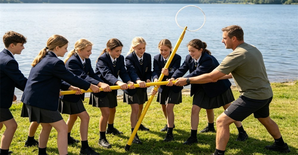 Sunny daytime school water-safety scene on a grassy lakeside of students in sportswear practicing extending a yellow rescue pole under an instructor's supervision