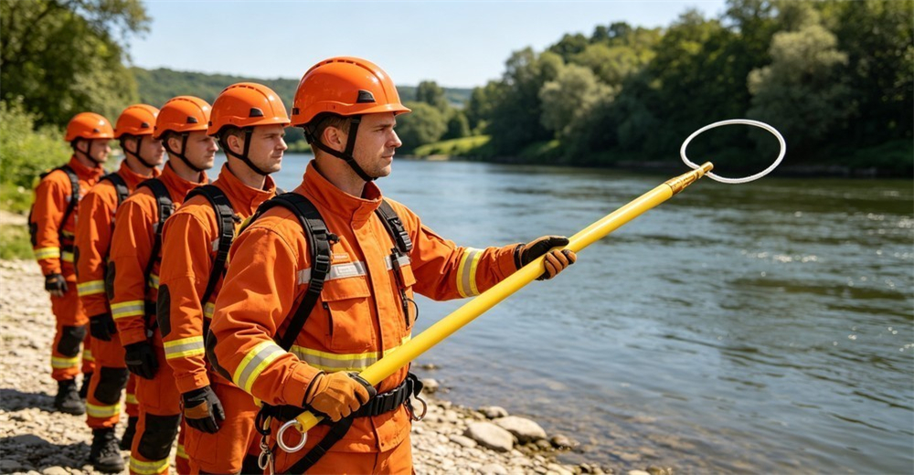 Daylight training scene by a river of firefighters in orange turnout gear, one extending a long yellow rescue pole in a formation drill