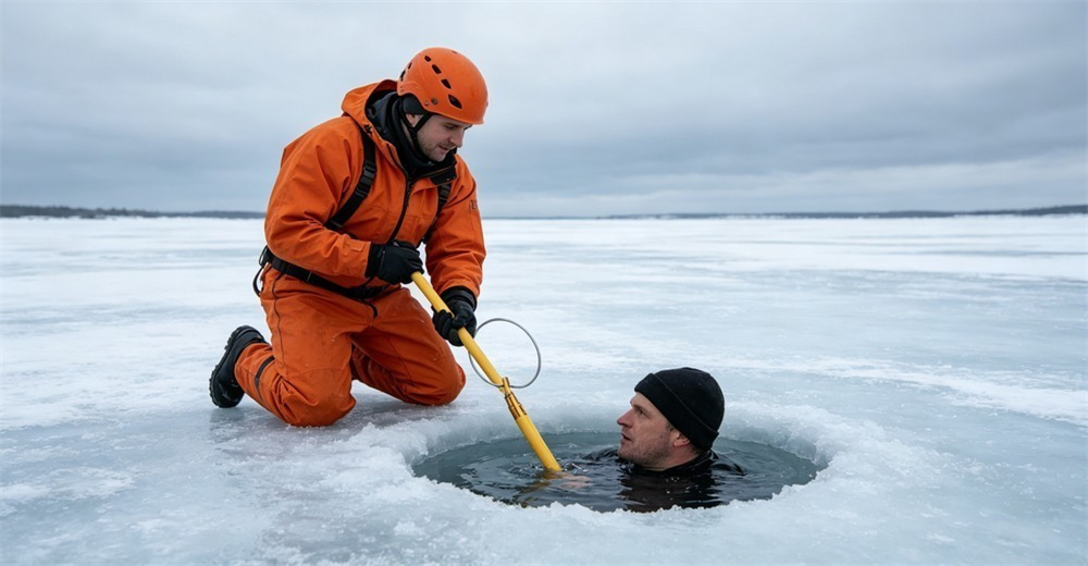 Cold overcast winter shot of a rescuer in heavy gear on solid ice extending a yellow rescue pole to reach a person at a broken ice edge near dark open water