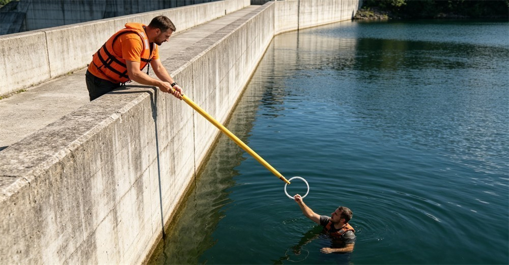 Bright daylight reservoir dam edge scene of a rescuer extending a long yellow rescue pole down over the concrete wall to reach water below