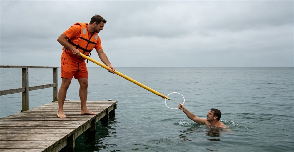 Overcast grey-sky rescue scene at a wooden pier where the bright yellow rescue pole stands out in high visibility against the muted cloudy sky over calm water