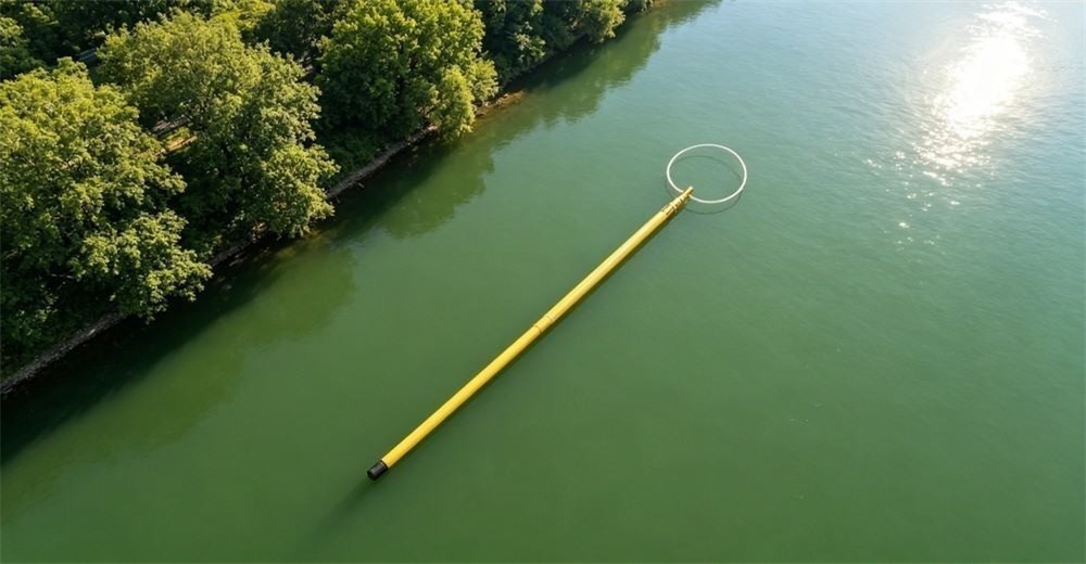 Aerial sunny drone view of a single long yellow rescue pole line reaching across a wide calm river from one tree-lined bank toward a person near the far bank