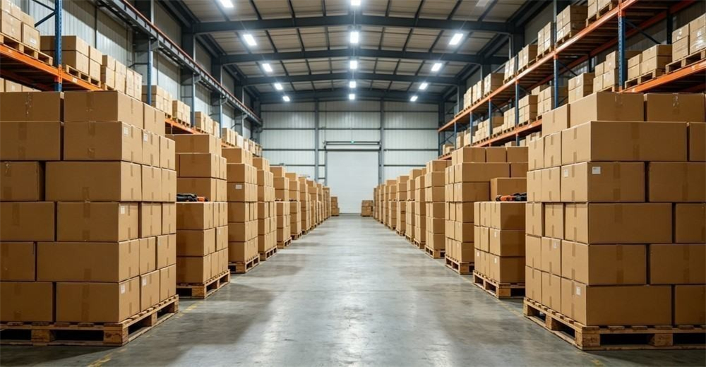 Wide organized industrial warehouse aisle of brown cardboard boxes of flood rescue equipment stacked on wooden pallets under bright overhead lighting, ready for a bulk wholesale shipment of water rescue poles