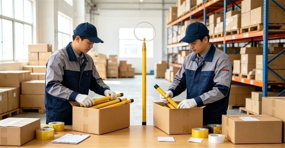 Bright warehouse daylight scene of two staff in uniform packing yellow rescue poles into a cardboard box with tape and shipping labels on an orderly packing table