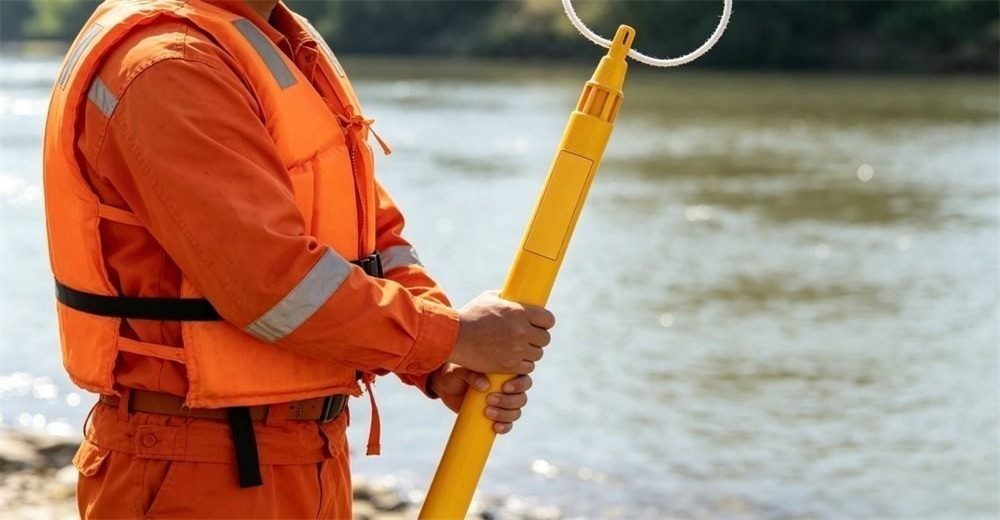 Branding ready: a yellow rescue pole held on the riverbank shows a blank silk-screened logo panel, ready for a department or distributor mark under OEM supply