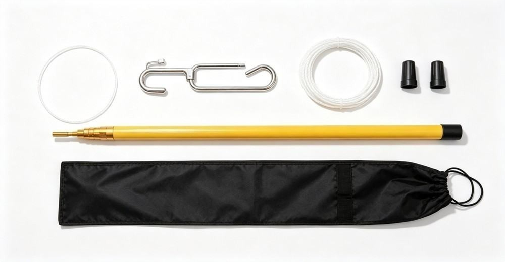 Top-down catalog flat lay on clean white of a complete rescue pole kit: yellow FRP pole, chrome J-hook, white wire loop, spare end cap, and a small nylon carry bag