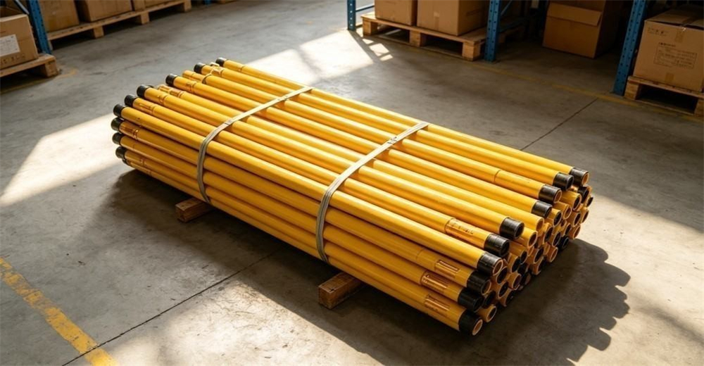 Top-down daylight shot of a neat stack of dozens of collapsed yellow rescue poles bundled and ready for bulk storage in an organized warehouse