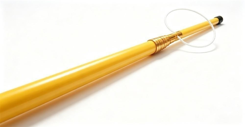 Low angle side studio shot of a fully extended glossy yellow FRP rescue pole against a white background, gold top fitting with white wire loop, black end cap