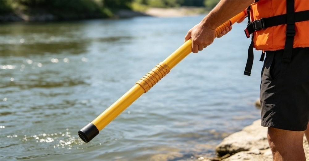 Up close, the black rubber end cap and knurled grip of a yellow rescue pole sit in a rescuer's hand as the pole angles over the river, showing the lower hardware build