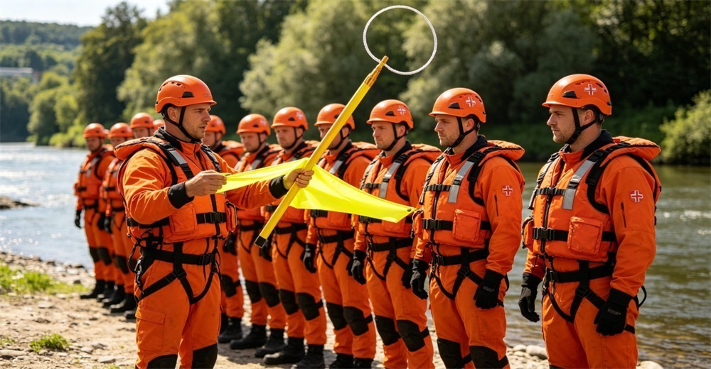 Sunny daylight riverside training scene of a team in orange gear doing a coordinated rescue pole drill, one member extending a long yellow pole while others stand ready