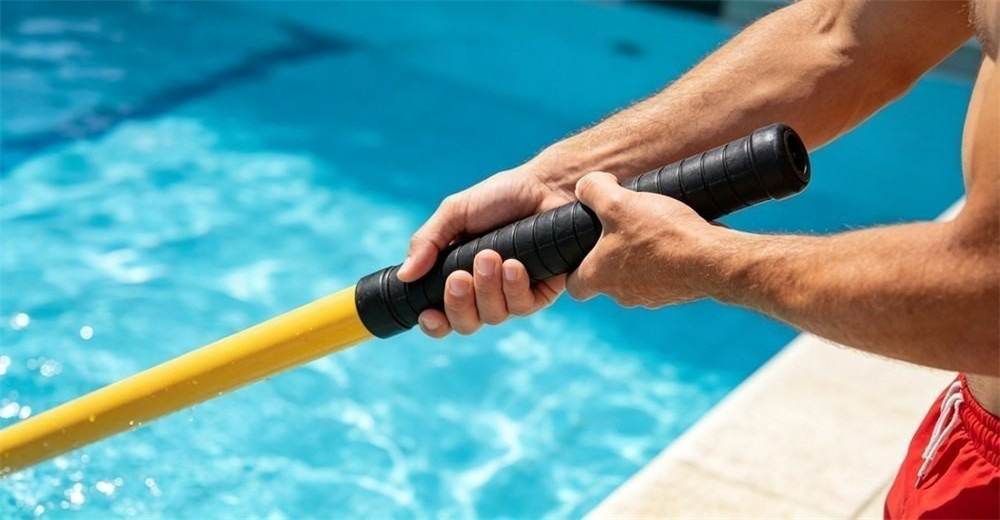 Poolside detail: two hands hold the ribbed black anti-slip handle of a yellow rescue pole extended over blue water, showing how the grip feels in use