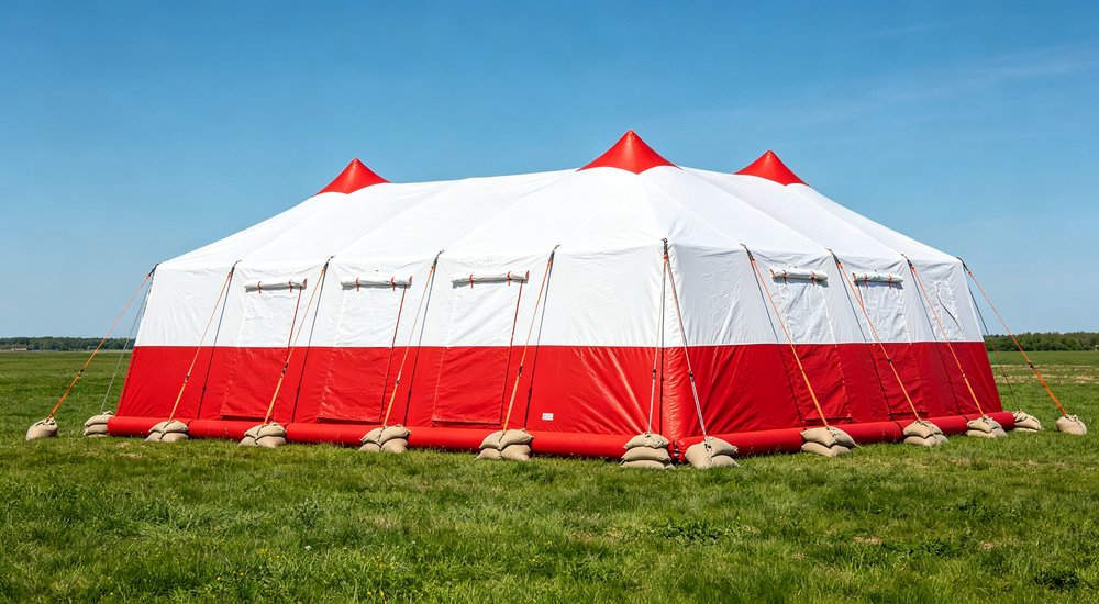 Sandbag and concrete weight for tent anchoring, product shot red and white inflatable emergency shelter for disaster relief operations red and white inflatable emergency tent for disaster relief operations