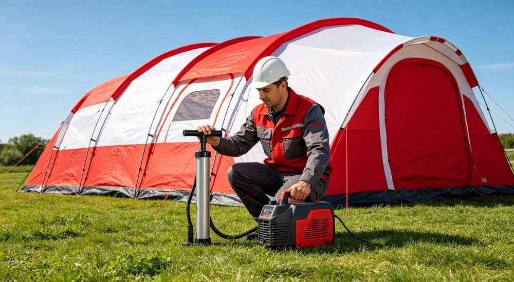 FAQ pump selection guide showing different pump types comparison, product shot inflation equipment for rapid tent deployment in emergency situations