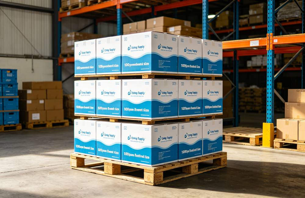 Warehouse pallets stacked with bulk cooling supplies ready for shipment to NGOs and relief organizations worldwide