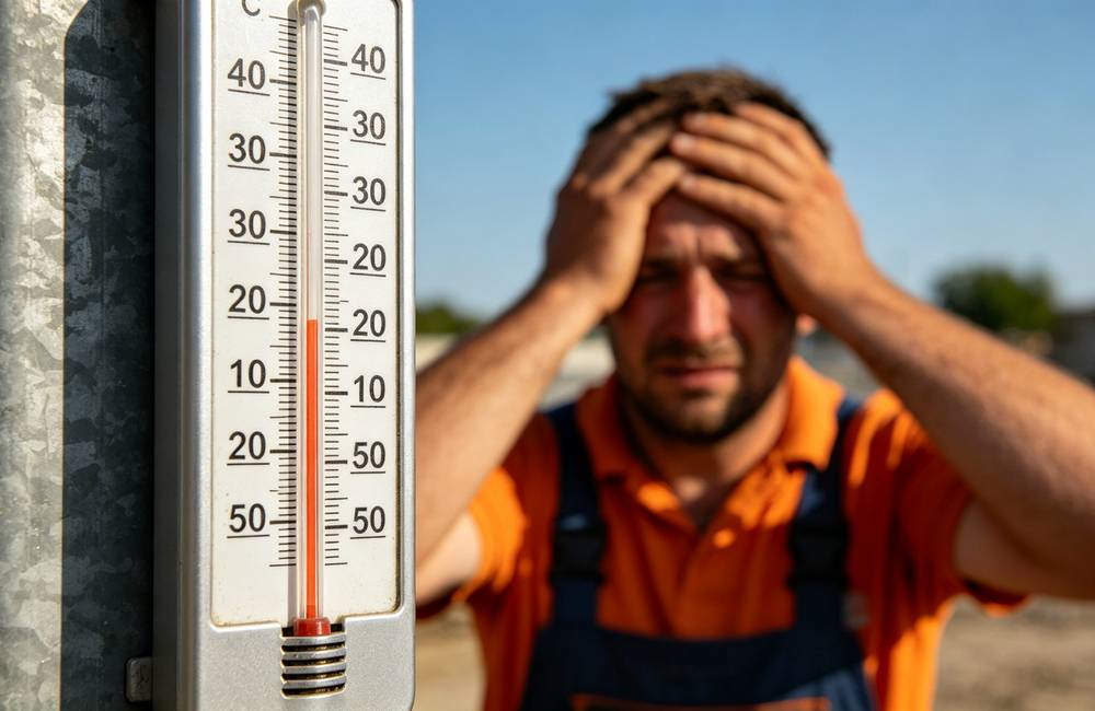 Digital thermometer showing over 40 degrees Celsius with worker holding head in extreme heat stress condition