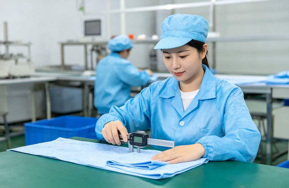 Chinese factory female QC worker measuring PVA cooling towel thickness during quality control inspection before shipment