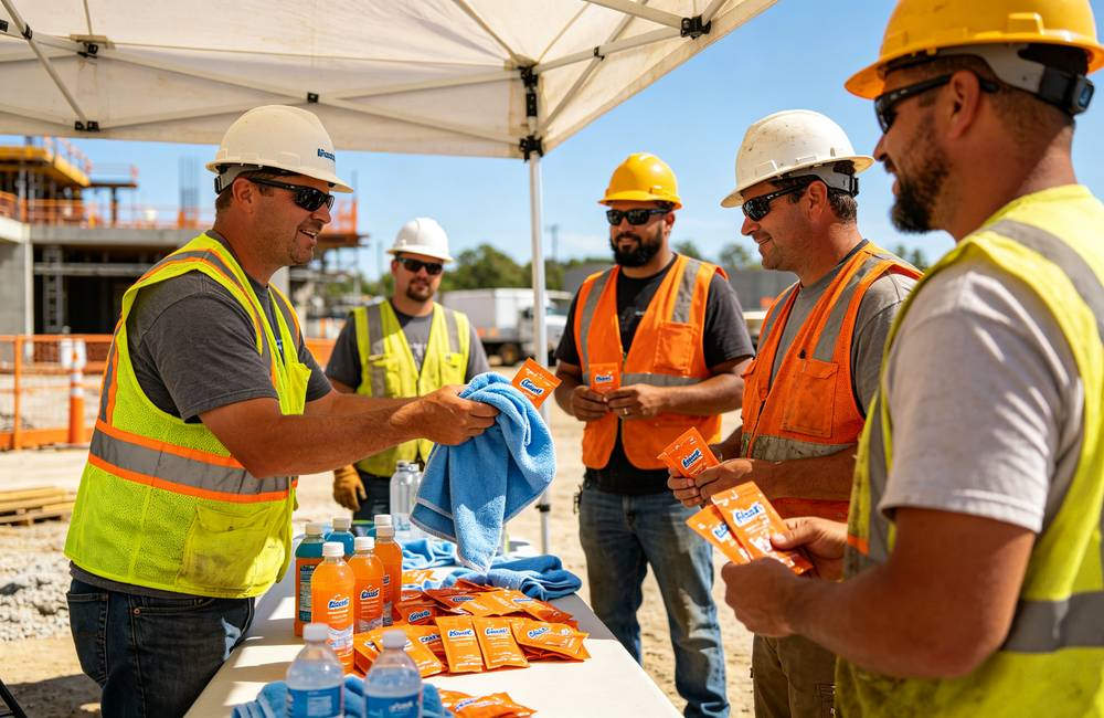 Construction foreman distributing cooling towels to workers at outdoor construction site during heatwave