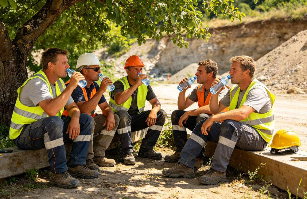Worker resting in tree shade drinking electrolyte drink during extreme heat midday break