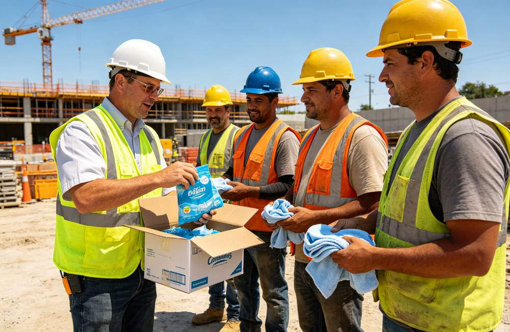 Project supervisor unboxing bulk carton of cooling towels for distribution to field work teams