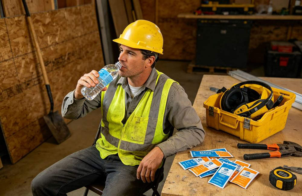 Construction worker drinking only plain water without electrolytes a common heat stress mistake to avoid