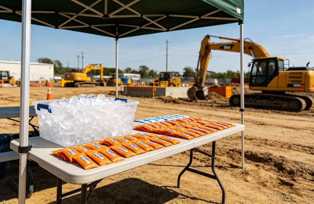 Construction site shaded rest tent with coolers and seating for workers to recover from extreme heat