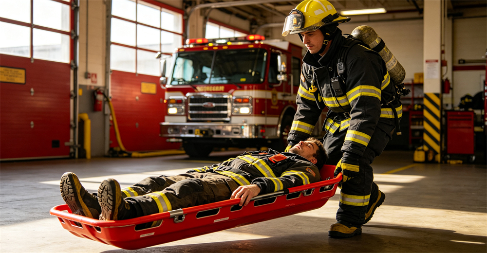 Red canvas folding emergency stretcher carried by two rescue workers in flood disaster response training exercise for wholesale bulk water rescue equipment supply