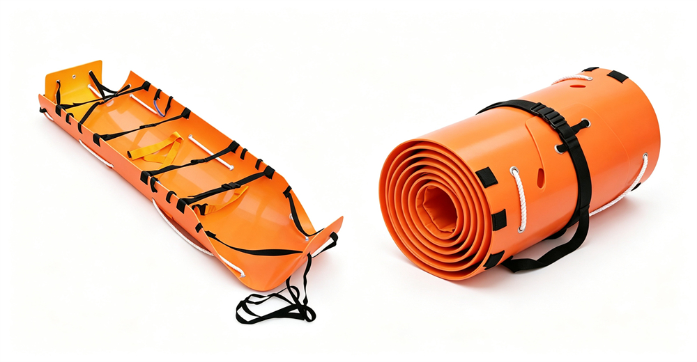 Side view of blue vacuum mattress rescue stretcher with patient strapped securely demonstrating soft support structure for wholesale bulk water rescue equipment supply