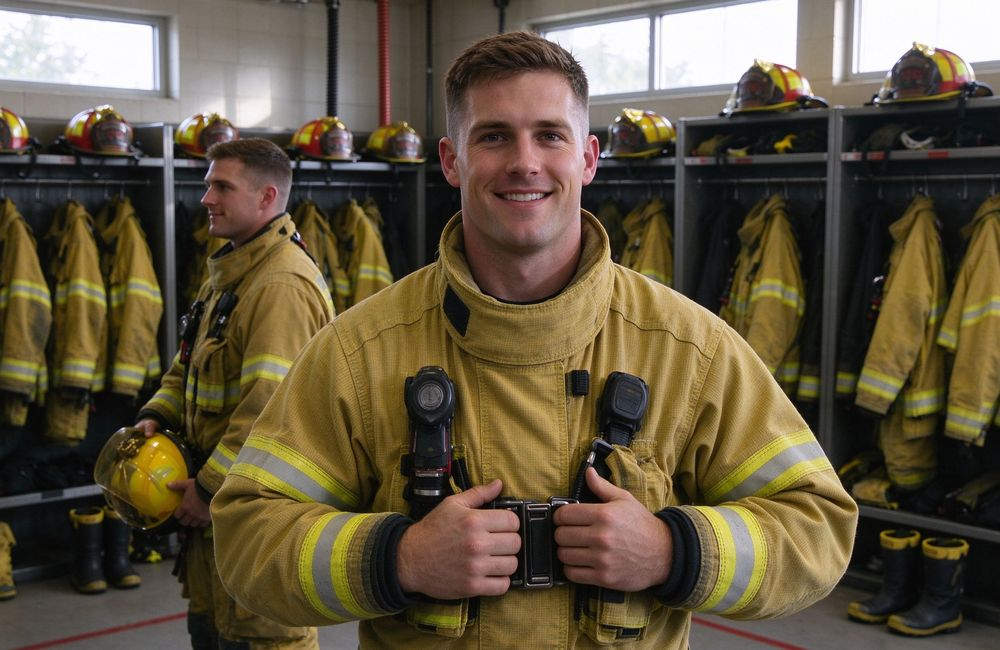 Wide-angle view of firefighter putting on full turnout gear set in station, NFPA 1971 coat trousers hood gloves boots, bulk yellow reflective stripes firefighter turnout gear supplier China