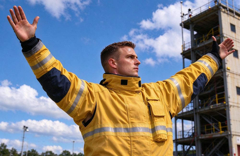 Top-down view of turnout gear standard certification test report NFPA 1971 EN 469, dark yellow reflective firefighter turnout gear manufacturer verification for firefighter turnout gear wholesale buyers for structural firefighting protective clothing bulk supply