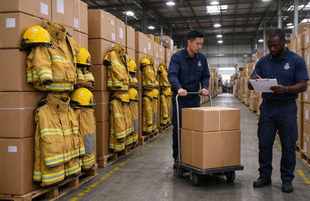 Aerial view of turnout gear sets ready for shipment carton packing fire department order, yellow shipment firefighter turnout gear bulk supplier for firefighter turnout gear wholesale buyers