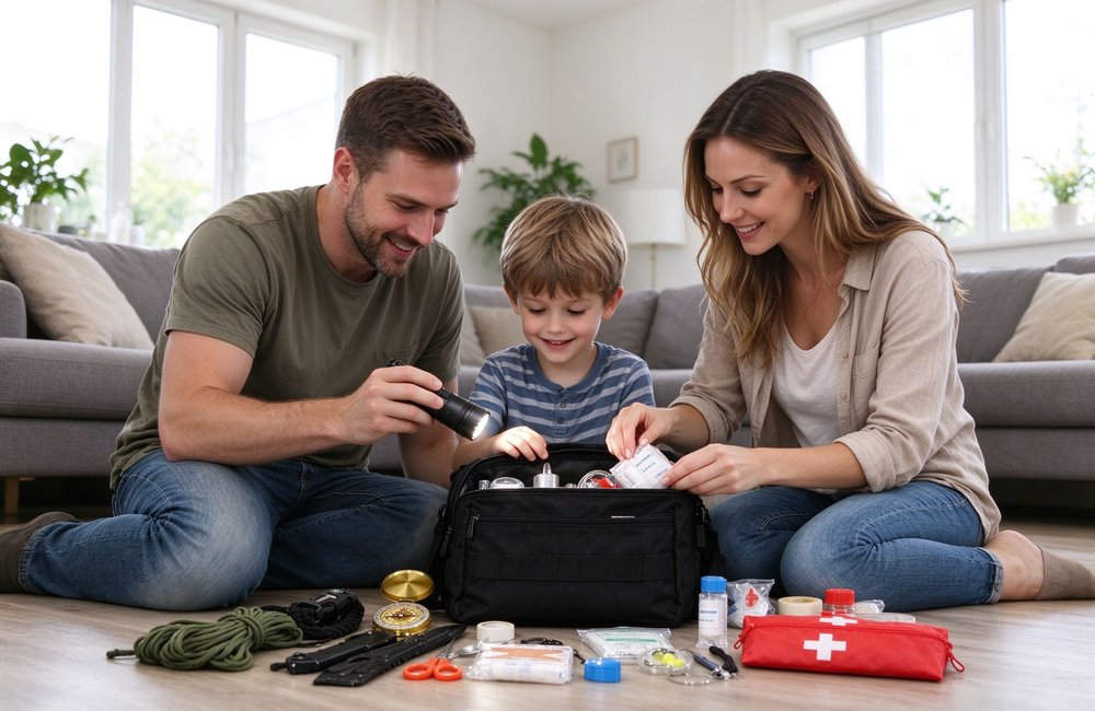 Family using disaster preparedness kit at home with emergency supplies evacuation preparedness for households schools and community safety programs with emergency supplies evacuation preparedness for households schools and community safety programs