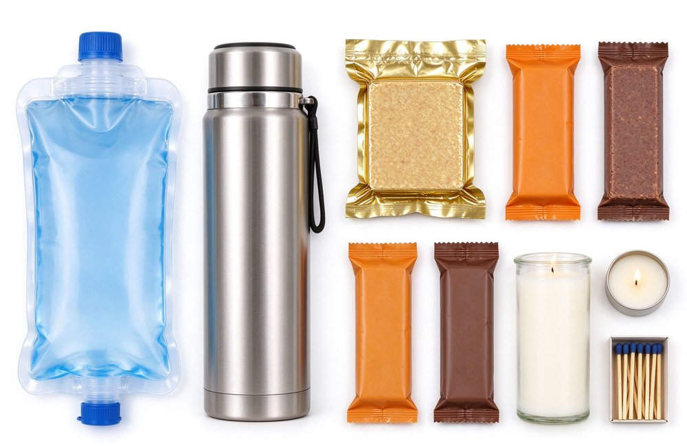 Water and food rations closeup in disaster preparedness kit with emergency drinking water pouches high-energy food bars for long shelf life survival stockpiles