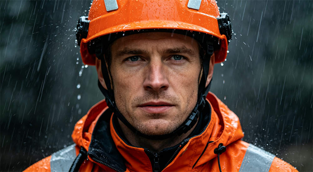Caucasian rescue worker wearing orange helmet and rain gear in heavy rain, close up portrait of emergency responder in hurricane conditions for wholesale disaster relief and relief organization procurement Caucasian rescue worker wearing orange helmet and rain gear in heavy rain, close up portrait of emergency responder in hurricane conditions for wholesale disaster relief and relief organization procurement