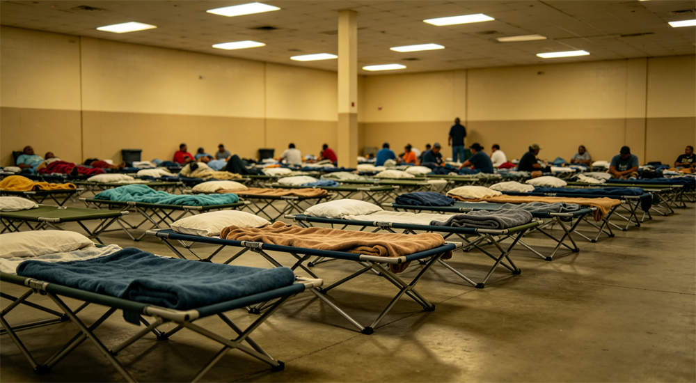 Interior of emergency relief shelter with rows of folding cots and beds, clean organized shelter setting for hurricane response operations and bulk shelter supplies Interior of emergency relief shelter with rows of folding cots and beds, clean organized shelter setting for hurricane response operations and bulk shelter supplies