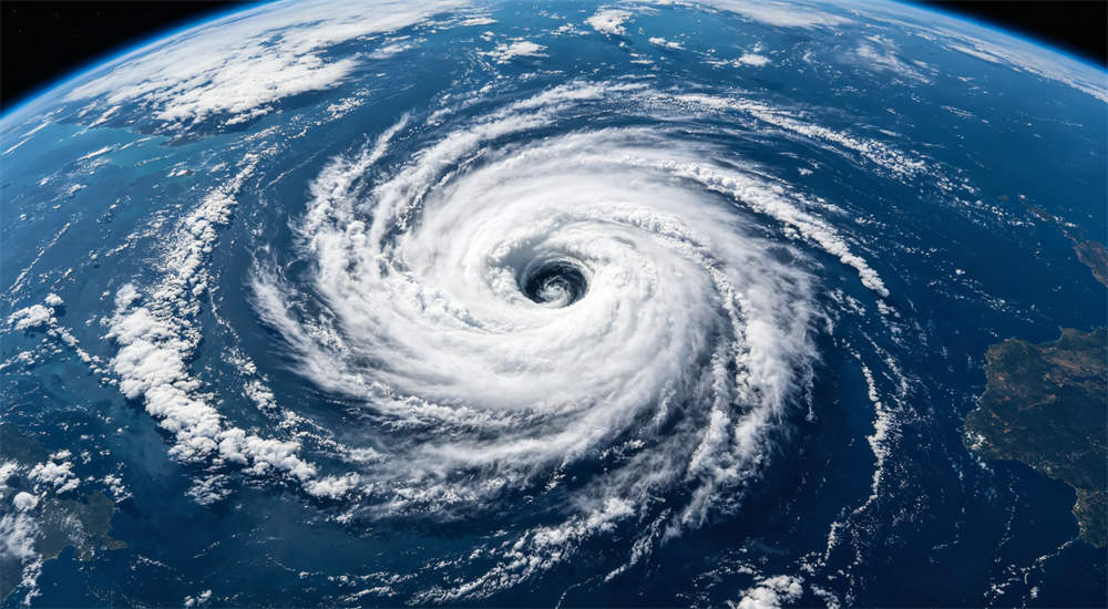 Satellite view of hurricane swirl in ocean with clouds, weather satellite imagery of tropical storm system, meteorological visualization for hurricane preparedness planning