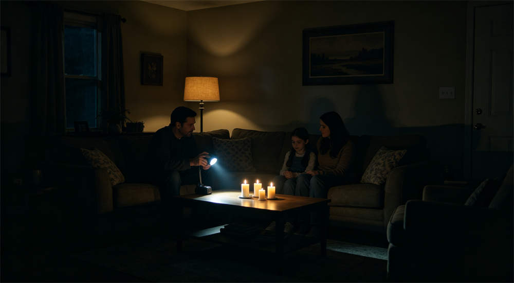 Dark living room with no electricity after hurricane power outage, only candlelight illuminating the room, realistic home scene during blackout for emergency power supplies