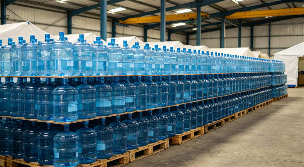 Large stacks of bottled water jugs in warehouse on pallets, bulk bottled water storage for emergency relief camps and hurricane preparedness planning
