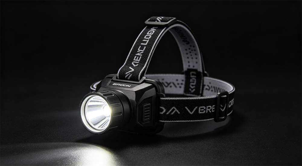 LED headlamp on black background with bright white light, adjustable elastic head strap, product photography of emergency lighting equipment for bulk supplies
