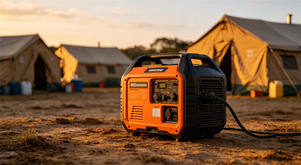 Portable gasoline generator running at emergency relief camp, powering lights and equipment, realistic outdoor camp setting for bulk generator supplies