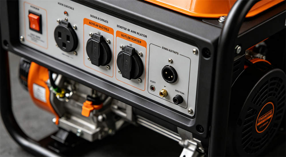 Close up detail of portable gasoline generator control panel with outlets and switches, product detail photography for bulk hurricane generator procurement